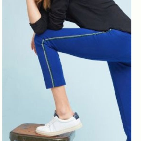 Anthropologie The Essential Slim Side-Stripe Cropped Ankle Trouser Pant Blue - Picture 2 of 6